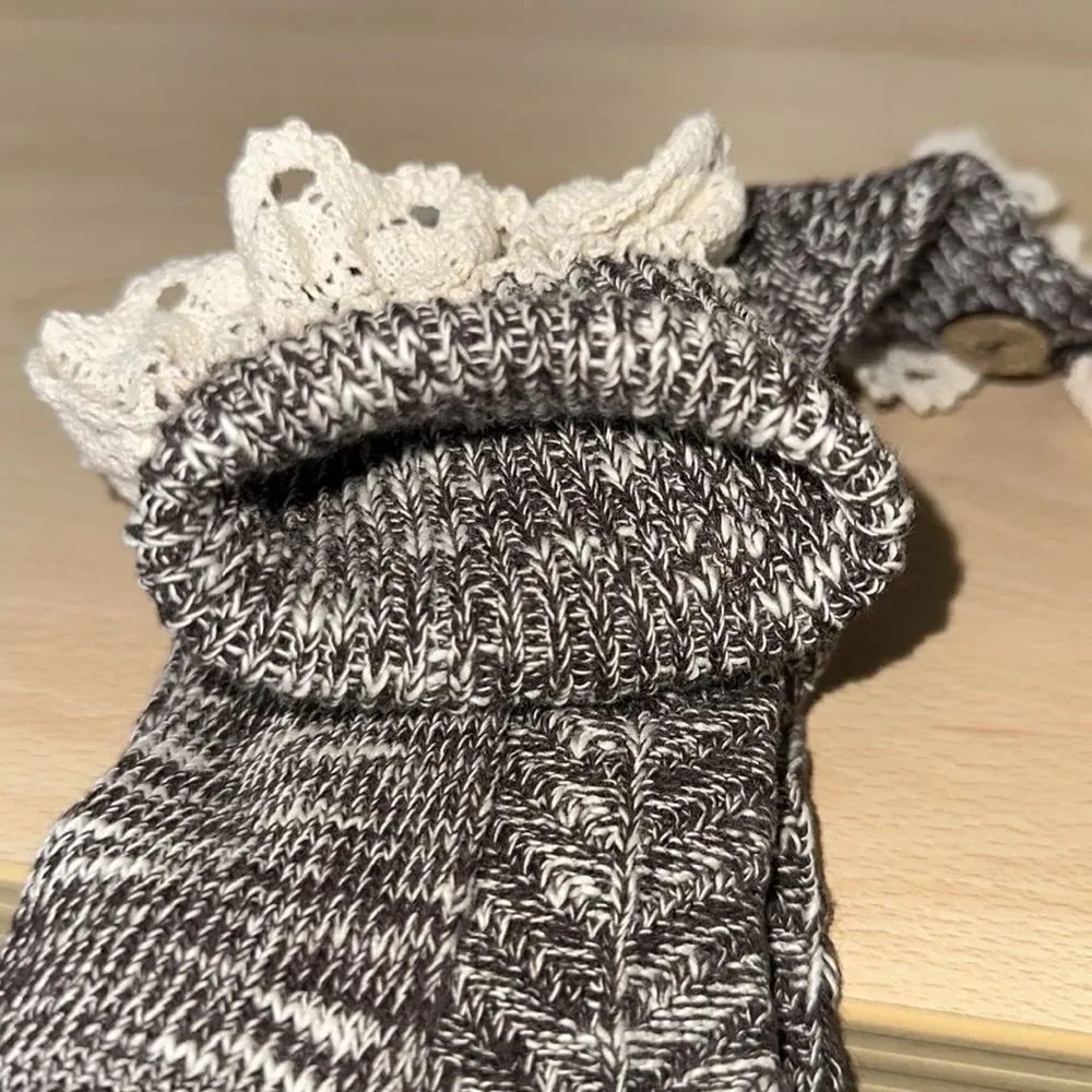 maurices Brown Ivory Crochet Lace Button Trim Cotton Knee High Knit Boot Socks